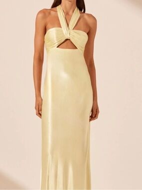 la lune ruched halter maxi dress in lemon Shona Joy - La Lune Plunged Ruched Halter Maxi Dress